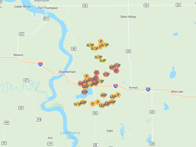 Hail map of Pukwana, SD on Jun 4, 2026, hail up to 2.5"