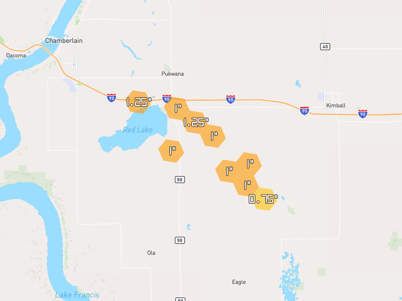 Hail map of Pukwana, SD on Jun 5, 2026, hail up to 1.25"