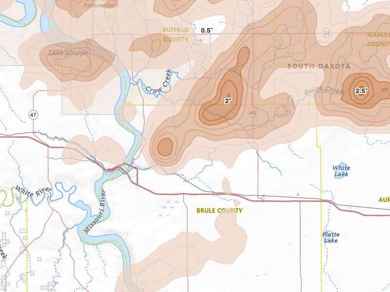 Radar-estimated hail-size map of the storm over Pukwana, SD on Jul 2, 2026