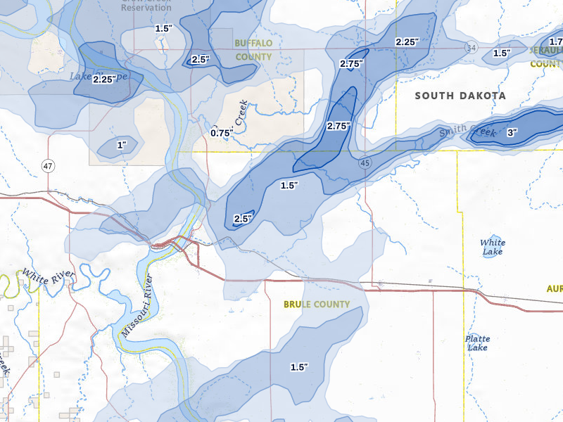 NEXRAD radar-signature map of the hail over Pukwana, SD