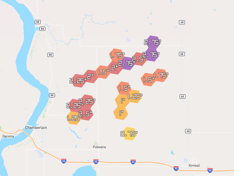 Hail map of Pukwana, SD on Jul 2, 2026, hail up to 2.75"