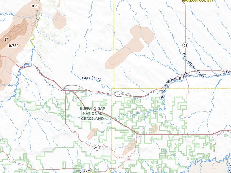 Radar-estimated hail-size map of the storm over Quinn, SD on Jun 26, 2026