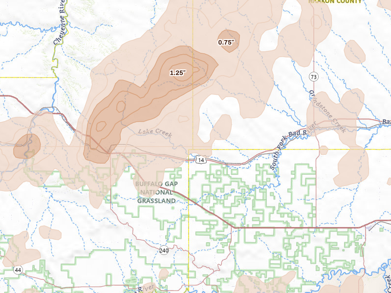 Radar-estimated hail-size map of the storm over Quinn, SD on Jun 27, 2026