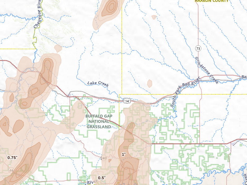 Radar-estimated hail-size map of the storm over Quinn, SD on Jun 28, 2026