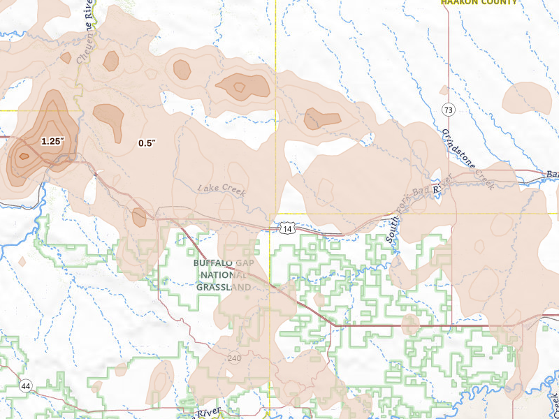 Radar-estimated hail-size map of the storm over Quinn, SD on Jul 2, 2026