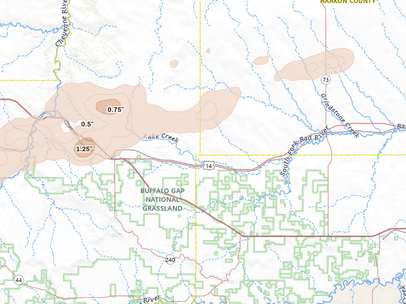 Radar-estimated hail-size map of the storm over Quinn, SD on Jul 7, 2026