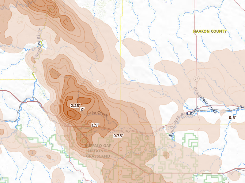 Radar-estimated hail-size map of the storm over Quinn, SD on Aug 11, 2026