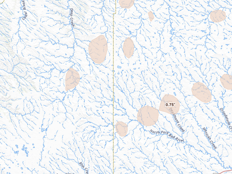 Radar-estimated hail-size map of the storm over Quinn, SD on Sep 13, 2026