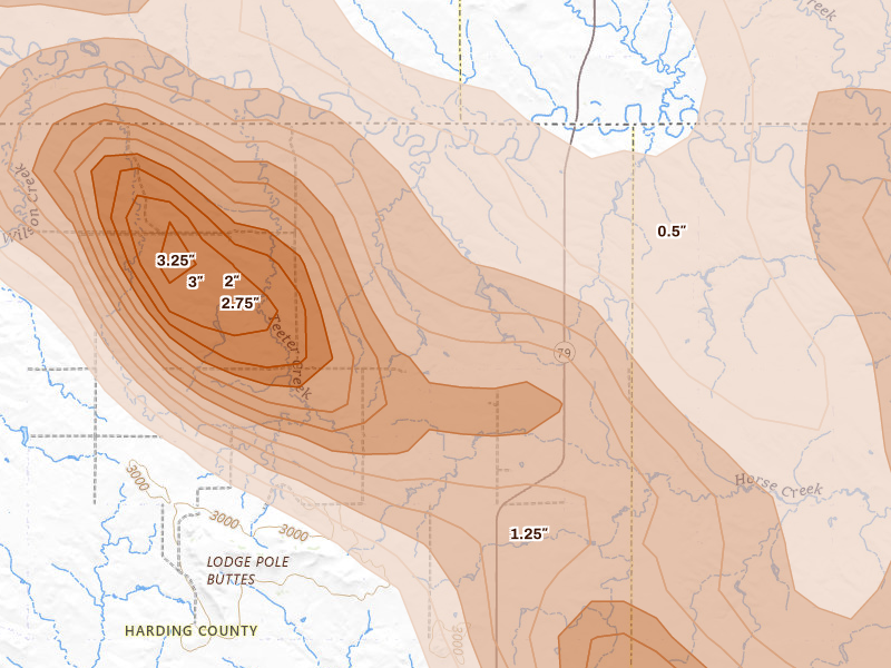 Radar-estimated hail-size map of the storm over Ralph, SD on Aug 10, 2026