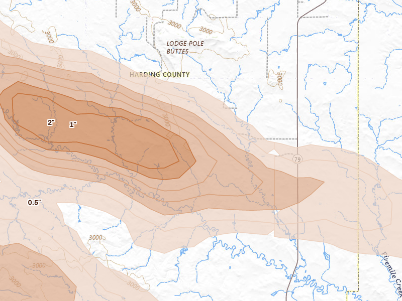 Radar-estimated hail-size map of the storm over Ralph, SD on Aug 17, 2026