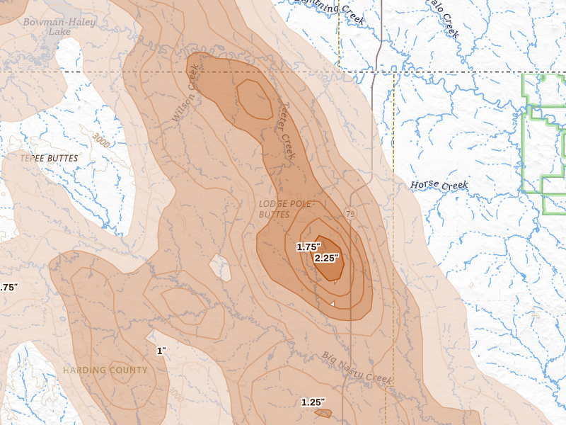 Radar-estimated hail-size map of the storm over Ralph, SD on Aug 23, 2026