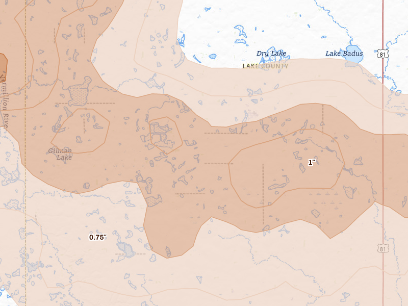 Radar-estimated hail-size map of the storm over Ramona, SD on Aug 6, 2026