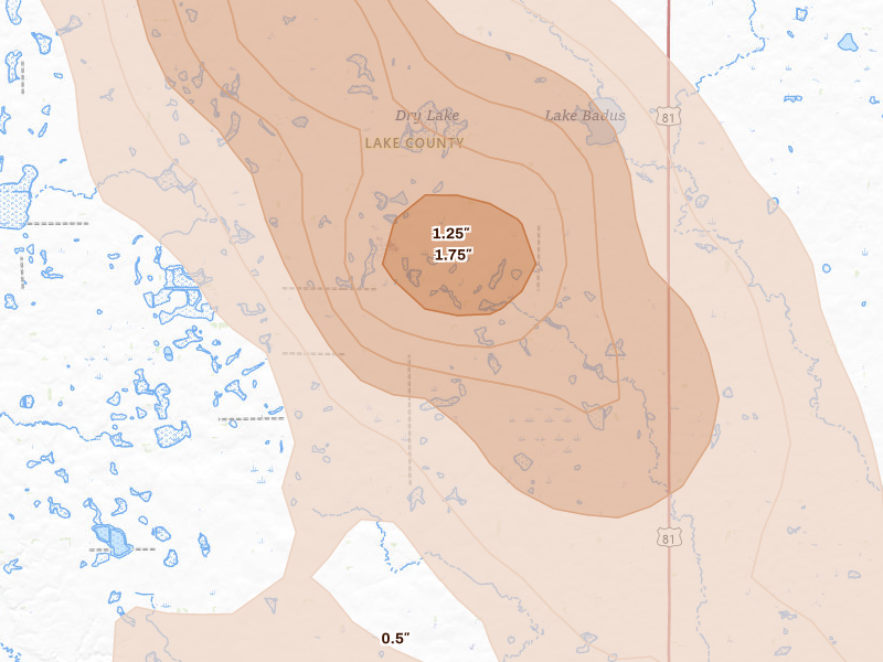 Radar-estimated hail-size map of the storm over Ramona, SD on Aug 24, 2026