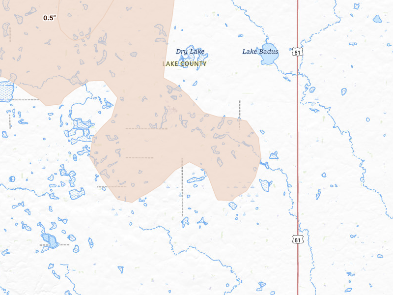 Radar-estimated hail-size map of the storm over Ramona, SD on Aug 28, 2026