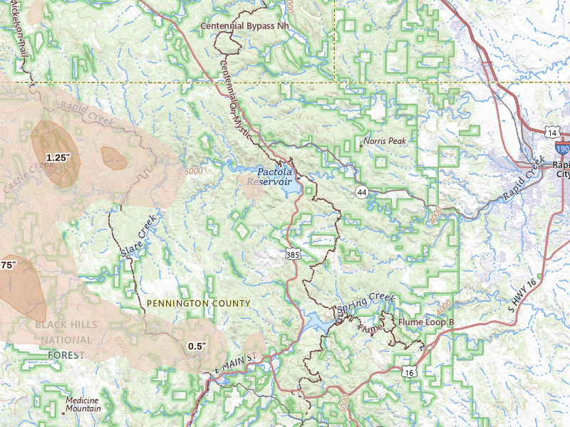 Radar-estimated hail-size map of the storm over Rapid City, SD on Jun 4, 2026