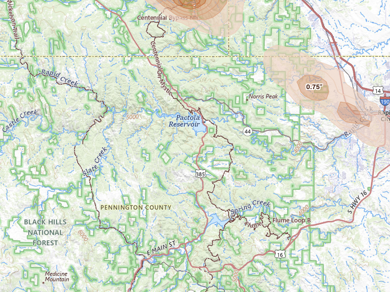 Radar-estimated hail-size map of the storm over Rapid City, SD on Jun 22, 2026