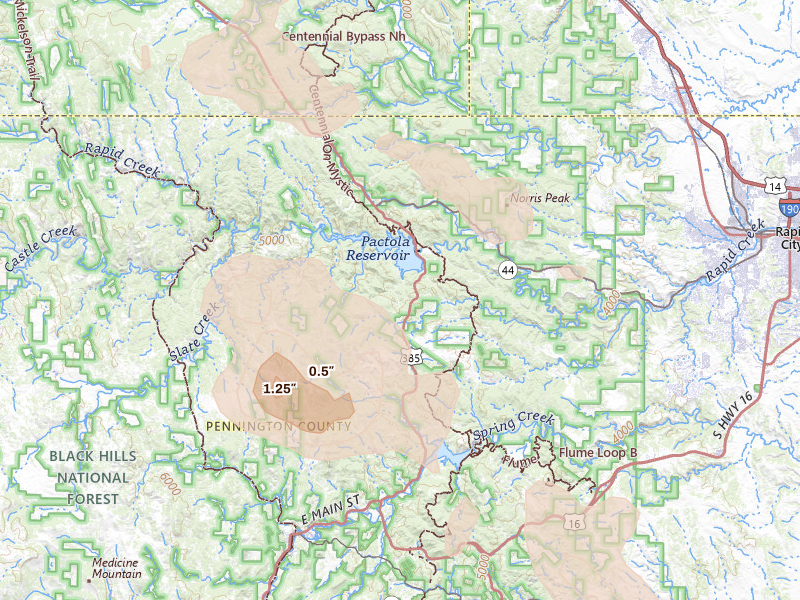 Radar-estimated hail-size map of the storm over Rapid City, SD on Jul 8, 2026
