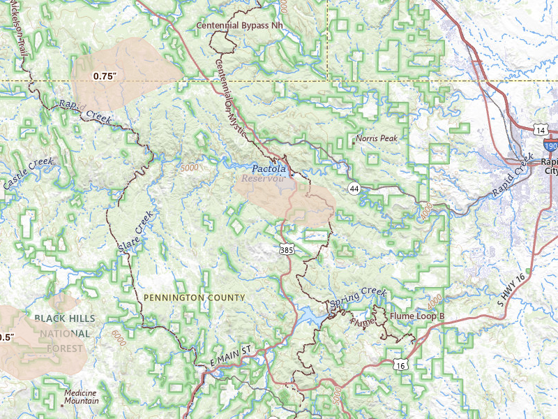 Radar-estimated hail-size map of the storm over Rapid City, SD on Jul 9, 2026