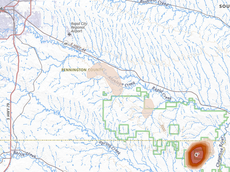 Radar-estimated hail-size map of the storm over Rapid City, SD on Aug 9, 2026