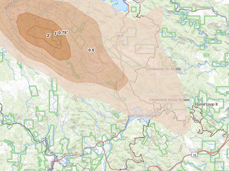 Radar-estimated hail-size map of the storm over Rapid City, SD on Aug 10, 2026