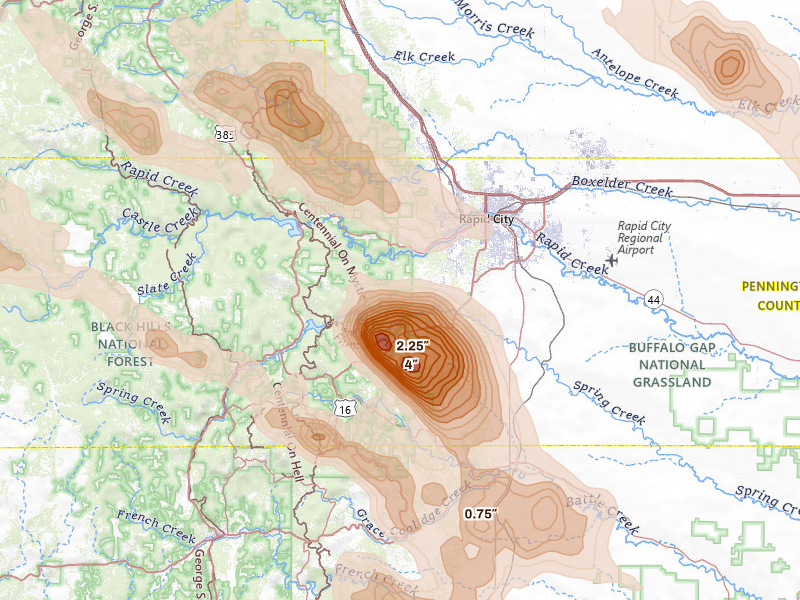 Radar-estimated hail-size map of the storm over Rapid City, SD on Aug 11, 2026