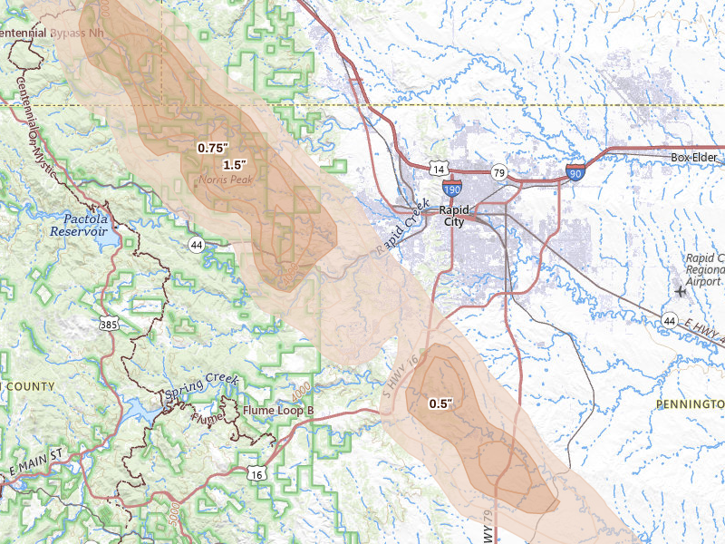 Radar-estimated hail-size map of the storm over Rapid City, SD on Aug 18, 2026