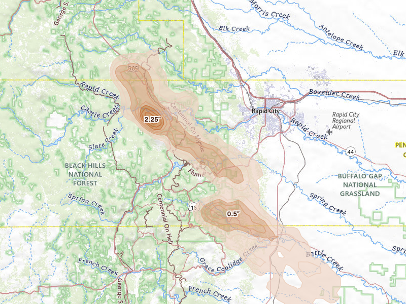Radar-estimated hail-size map of the storm over Rapid City, SD on Aug 23, 2026