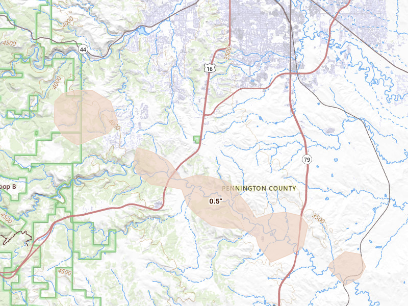 Radar-estimated hail-size map of the storm over Rapid City, SD on Aug 24, 2026