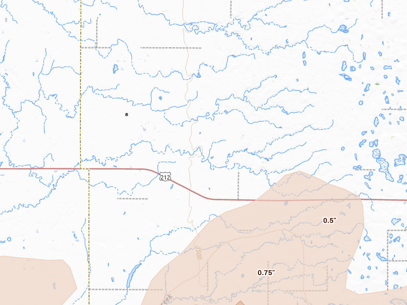 Radar-estimated hail-size map of the storm over Raymond, SD on Jun 3, 2026