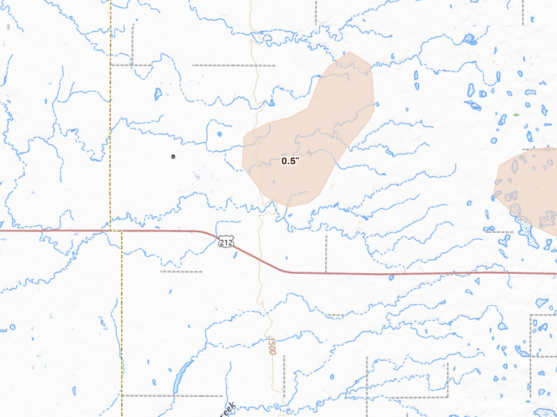 Radar-estimated hail-size map of the storm over Raymond, SD on Jun 27, 2026
