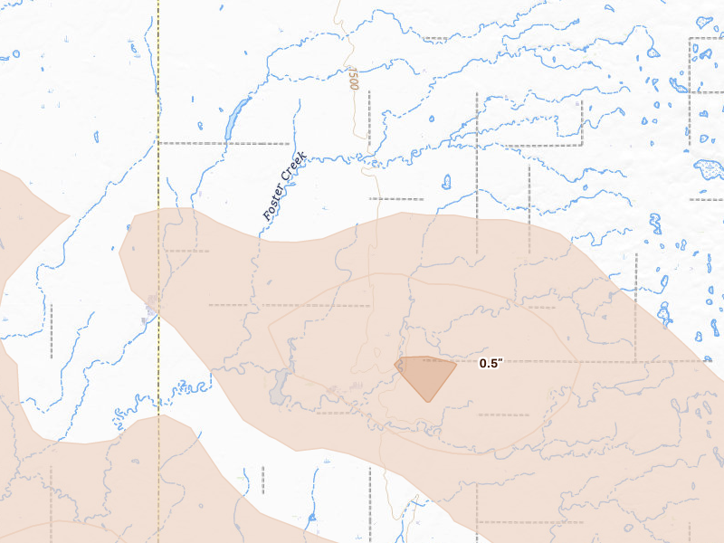 Radar-estimated hail-size map of the storm over Raymond, SD on Aug 24, 2026