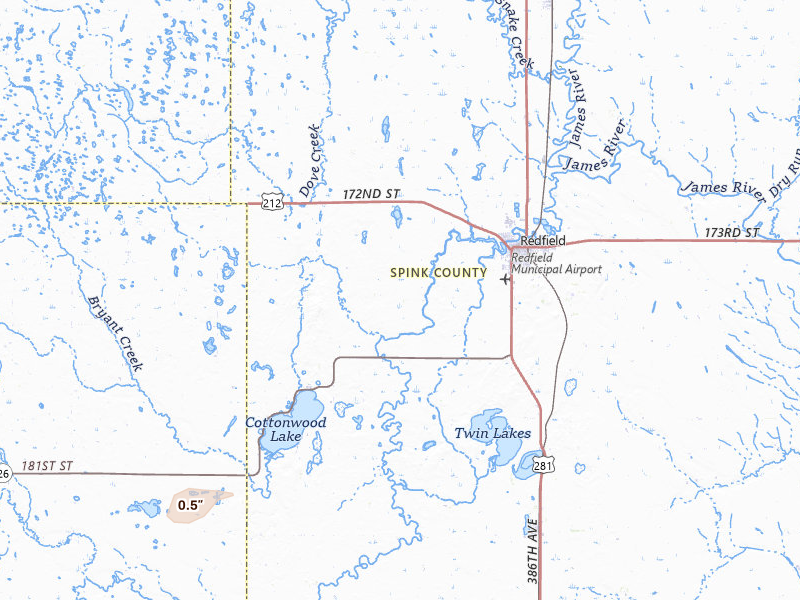 Radar-estimated hail-size map of the storm over Redfield, SD on Jun 3, 2026