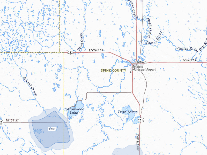 NEXRAD radar-signature map of the hail storm over Redfield, SD on Jun 3, 2026