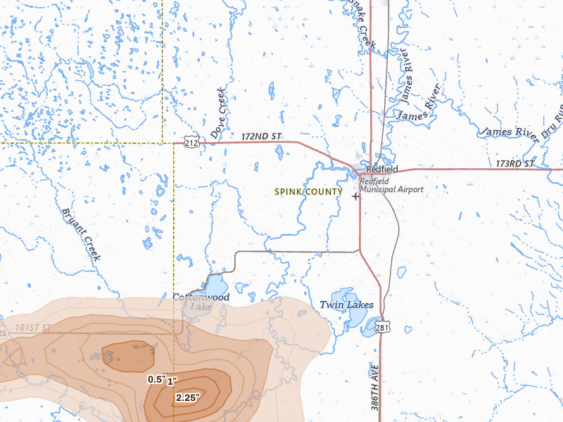 Radar-estimated hail-size map of the storm over Redfield, SD on Jun 4, 2026