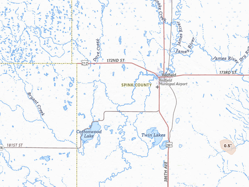Radar-estimated hail-size map of the storm over Redfield, SD on Jun 27, 2026