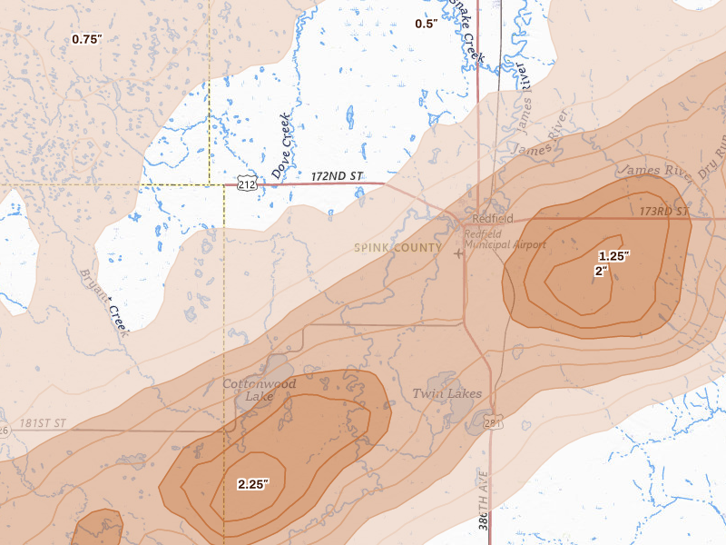 Radar-estimated hail-size map of the storm over Redfield, SD on Jun 29, 2026
