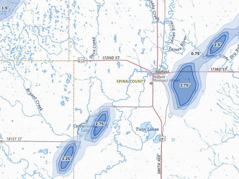 NEXRAD radar-signature map of the hail storm over Redfield, SD on Jun 29, 2026