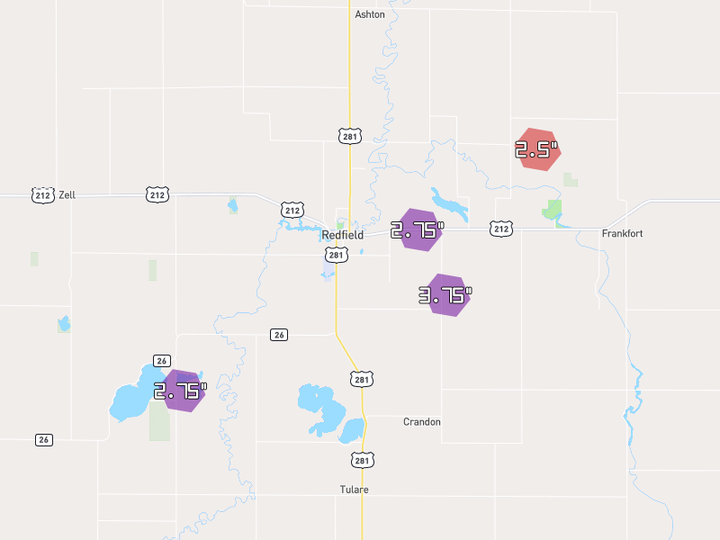 Hail map of Redfield, SD on Jun 29, 2026, hail up to 3.75"