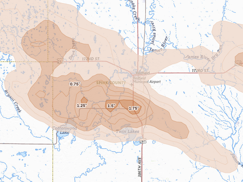 Radar-estimated hail-size map of the storm over Redfield, SD on Aug 8, 2026