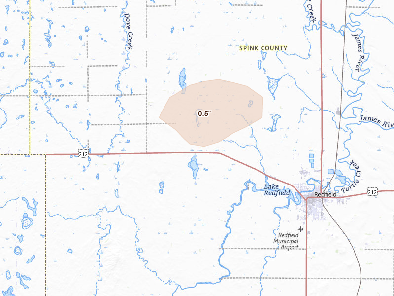 Radar-estimated hail-size map of the storm over Redfield, SD on Aug 18, 2026