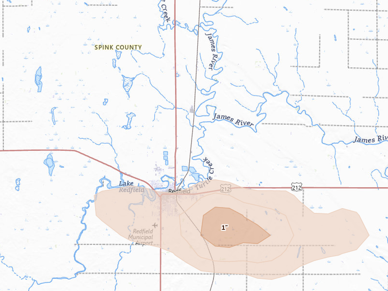 Radar-estimated hail-size map of the storm over Redfield, SD on Aug 24, 2026