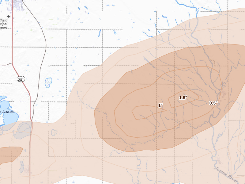 Radar-estimated hail-size map of the storm over Redfield, SD on Aug 28, 2026
