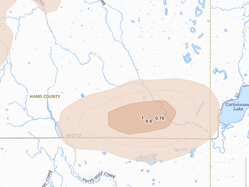 Radar-estimated hail-size map of the storm over Redfield, SD on Sep 4, 2026