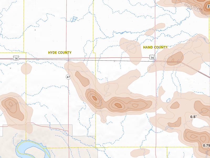 Radar-estimated hail-size map of the storm over Ree Heights, SD on Jun 4, 2026
