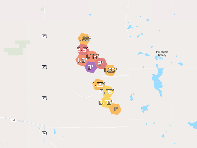 Hail map of Ree Heights, SD on Jun 5, 2026, hail up to 3"