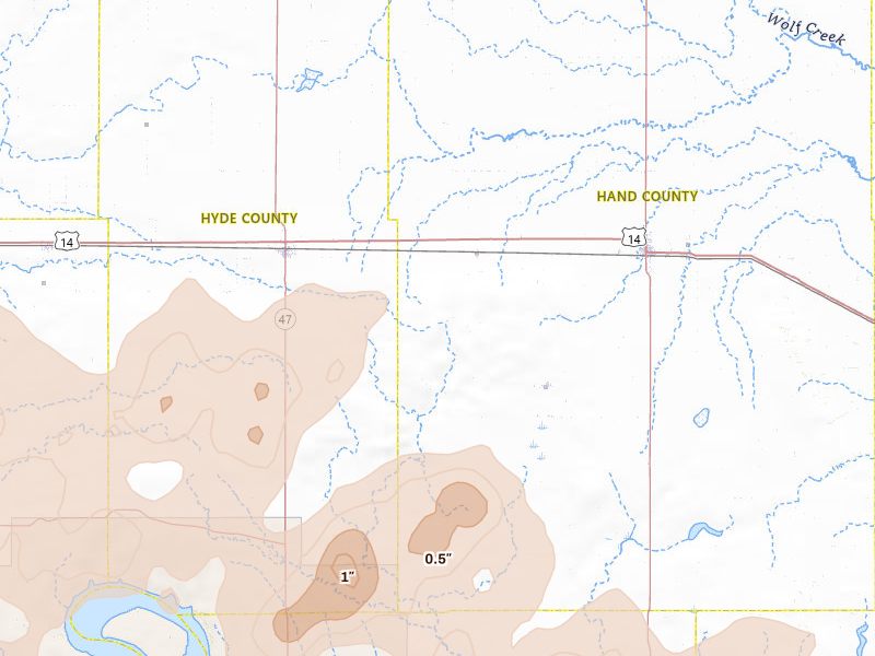 Radar-estimated hail-size map of the storm over Ree Heights, SD on Jun 9, 2026