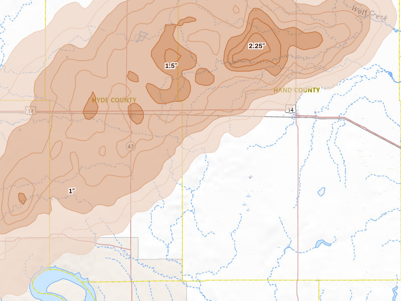 Radar-estimated hail-size map of the storm over Ree Heights, SD on Jun 28, 2026