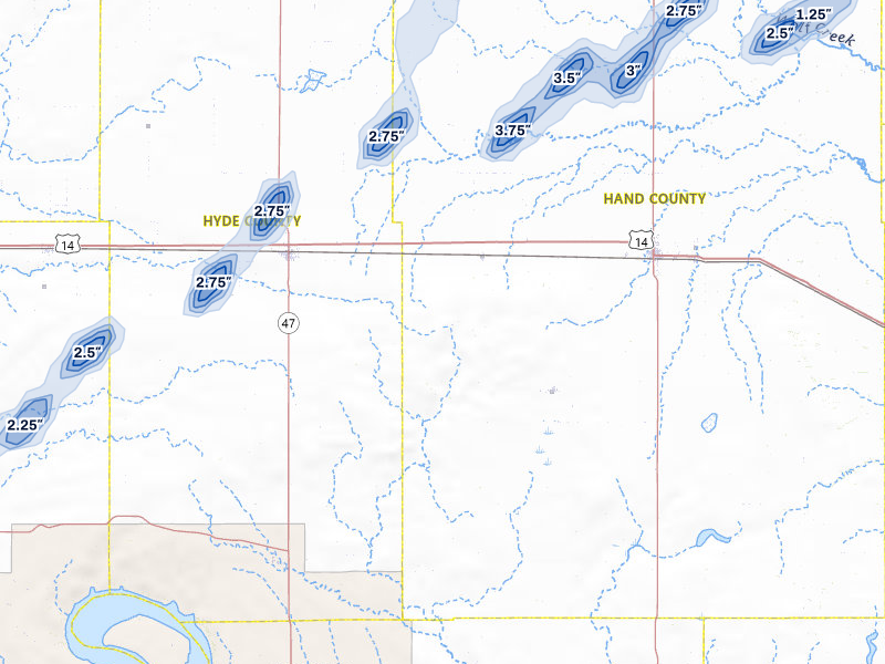 NEXRAD radar-signature map of the hail storm over Ree Heights, SD on Jun 28, 2026