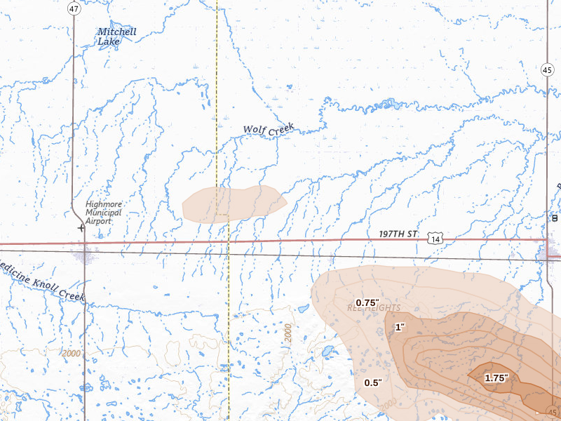 Radar-estimated hail-size map of the storm over Ree Heights, SD on Aug 29, 2026