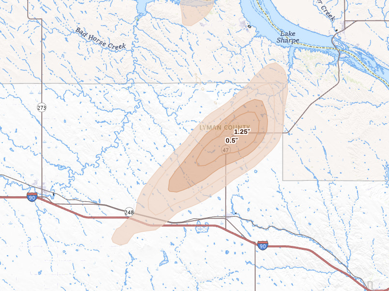 Radar-estimated hail-size map of the storm over Reliance, SD on Jun 2, 2026